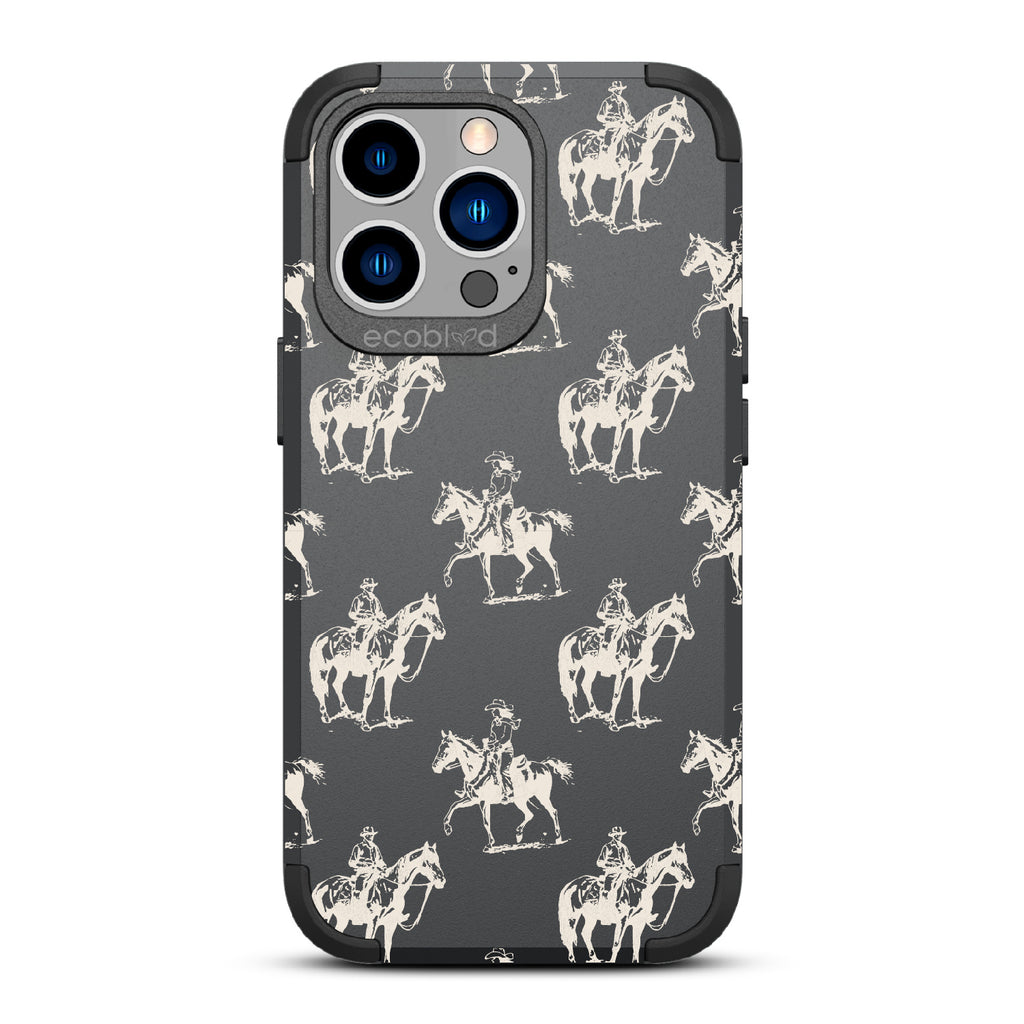 Horsin' Around  - Black Rugged Eco-Friendly iPhone 13 Pro Case With Cowboys On Horseback On Back