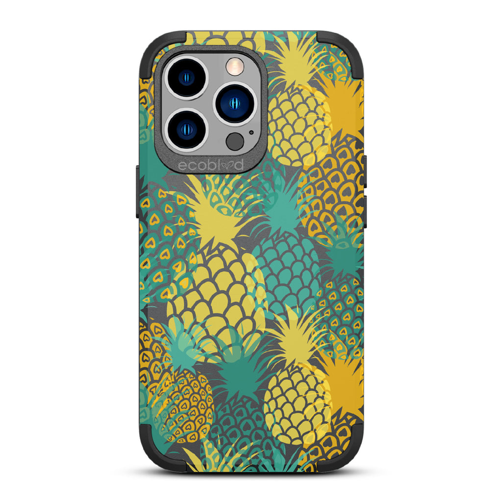Pineapple Breeze - Black Rugged Eco-Friendly iPhone 13 Pro Case With Tropical Colored Pineapples On Back