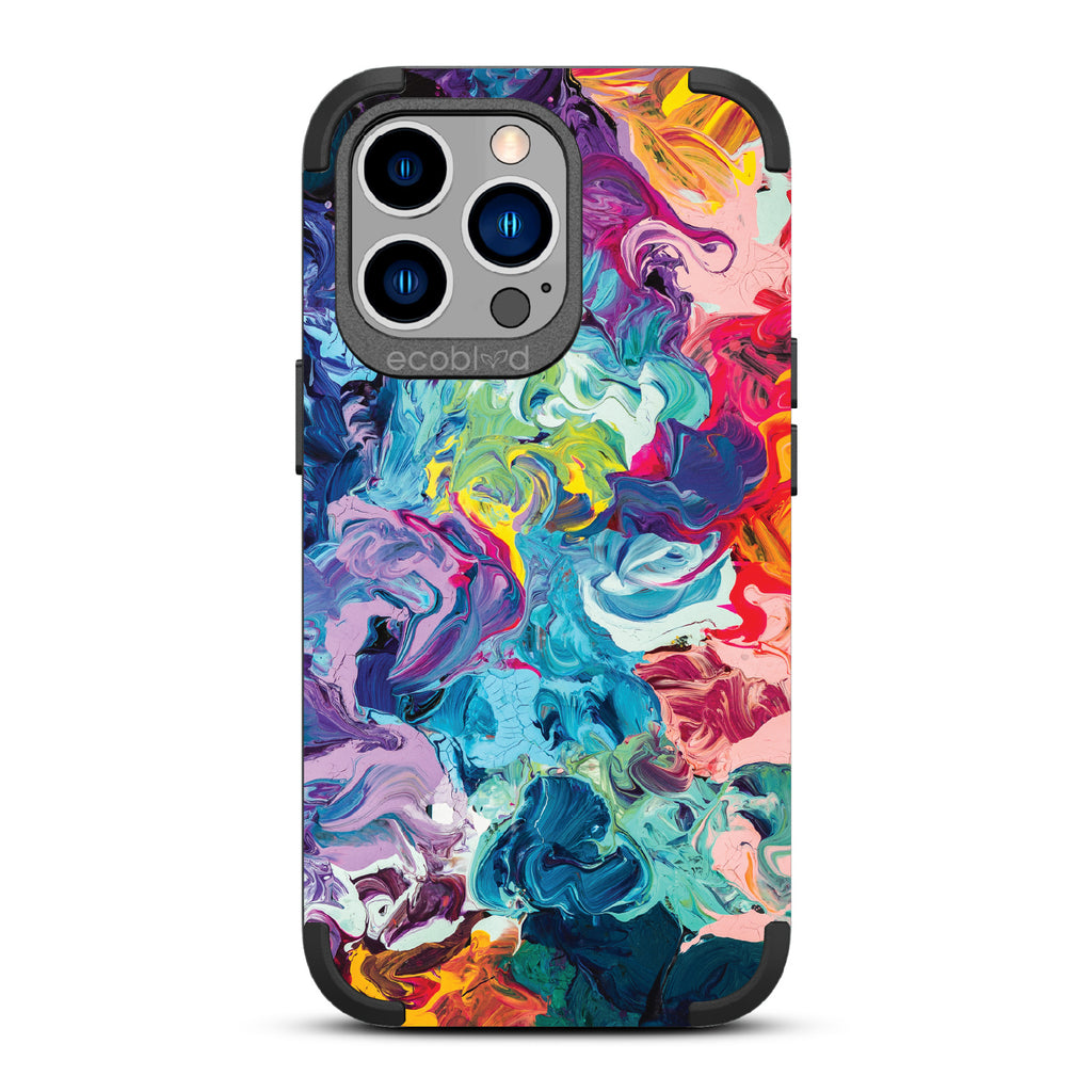 Give It A Swirl  - Black Rugged Eco-Friendly iPhone 12/13 Pro Max Case With Abstract Colorful Oil Painting On Back