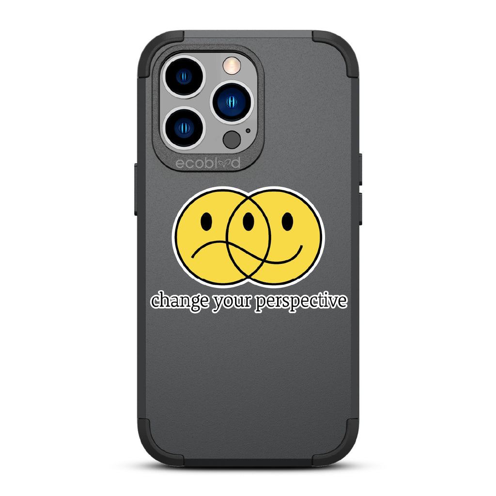 Perspective - Black  Rugged Eco-Friendly iPhone 13 Pro  Case With A Happy/Sad Face & Change Your Perspective On Back