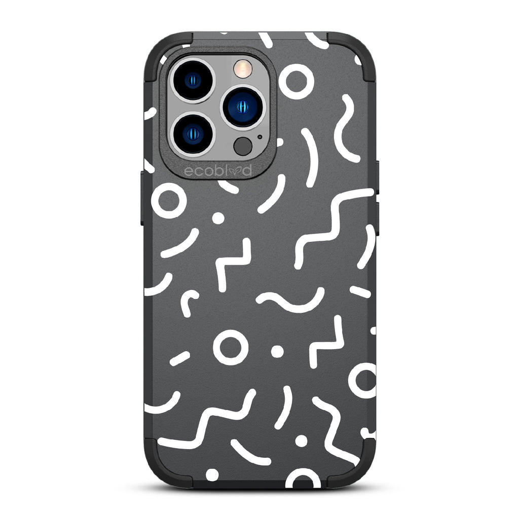 90's Kids  - Black Rugged Eco-Friendly iPhone 13 Pro Case With Retro 90's Lines & Squiggles On Back