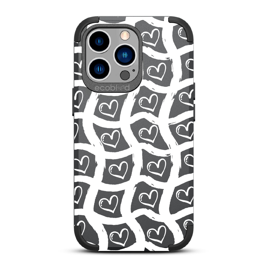 Waves Of Affection - Black Rugged Eco-Friendly iPhone 13 Pro Case With Wavy Paint Stroke Checker Print With Hearts On Back