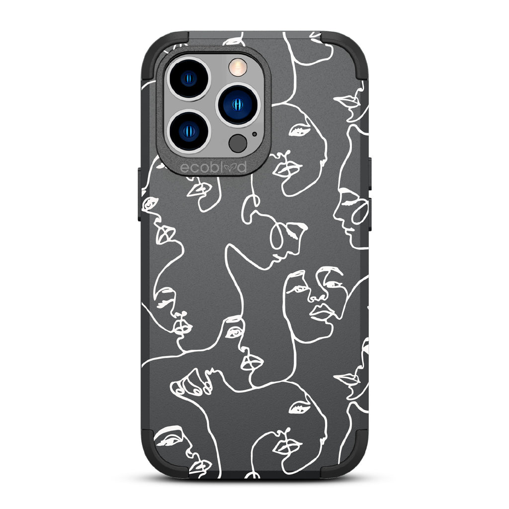 Delicate Touch - Black Rugged Eco-Friendly iPhone 13 Pro Case With Line Art Of A Woman’s Face On Back