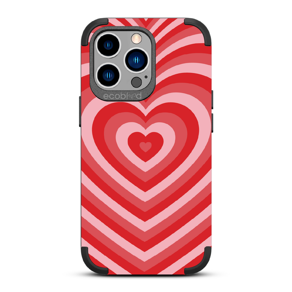 Tunnel Of Love - Black Rugged Eco-Friendly iPhone 13 Pro Case With A Red Small Heart Gradually Growing Larger On Back