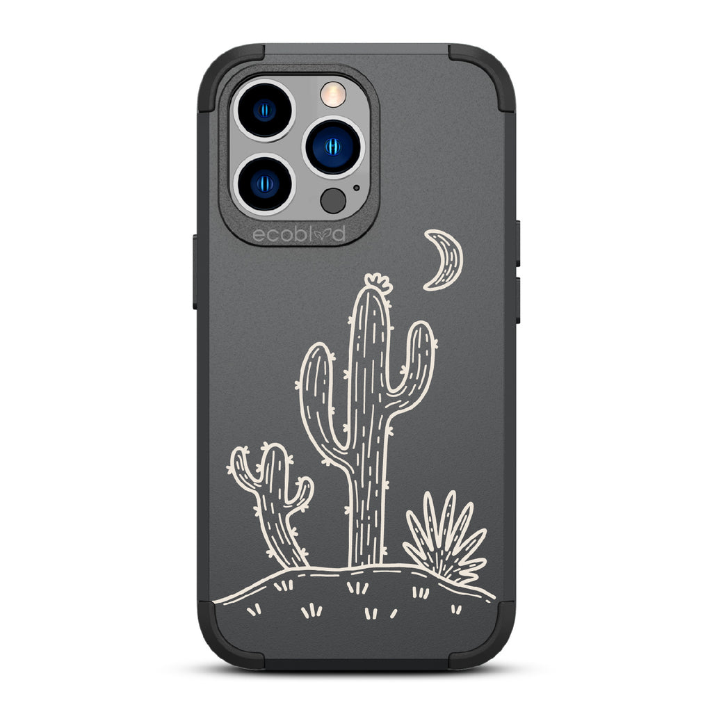 Sagebrush  - Black Rugged Eco-Friendly iPhone 13 Pro Case With Cartoon Cacti Under A Crescent Moon On Back