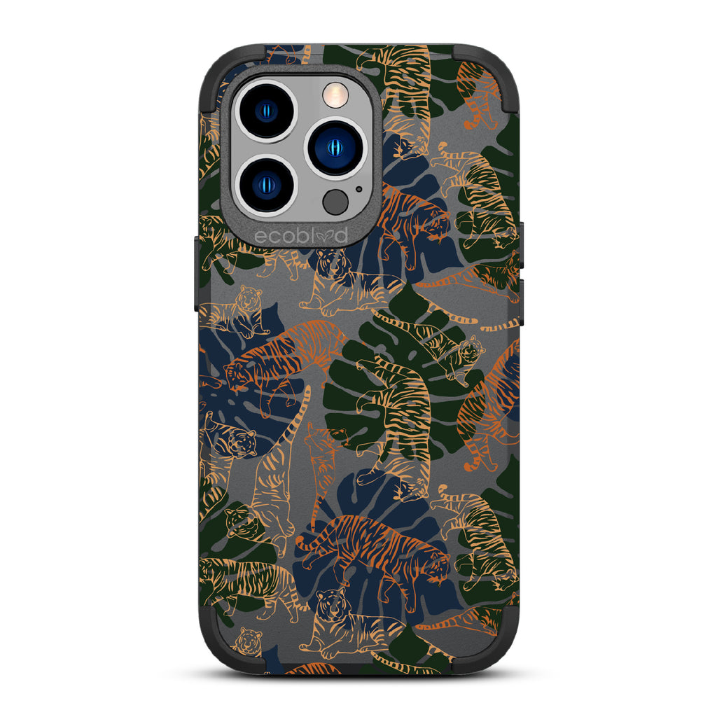 Tropic Roar - Black Rugged Eco-Friendly iPhone 13 Pro Case WithJungle Leaves & Orange / Yellow Tiger Outlines On Back