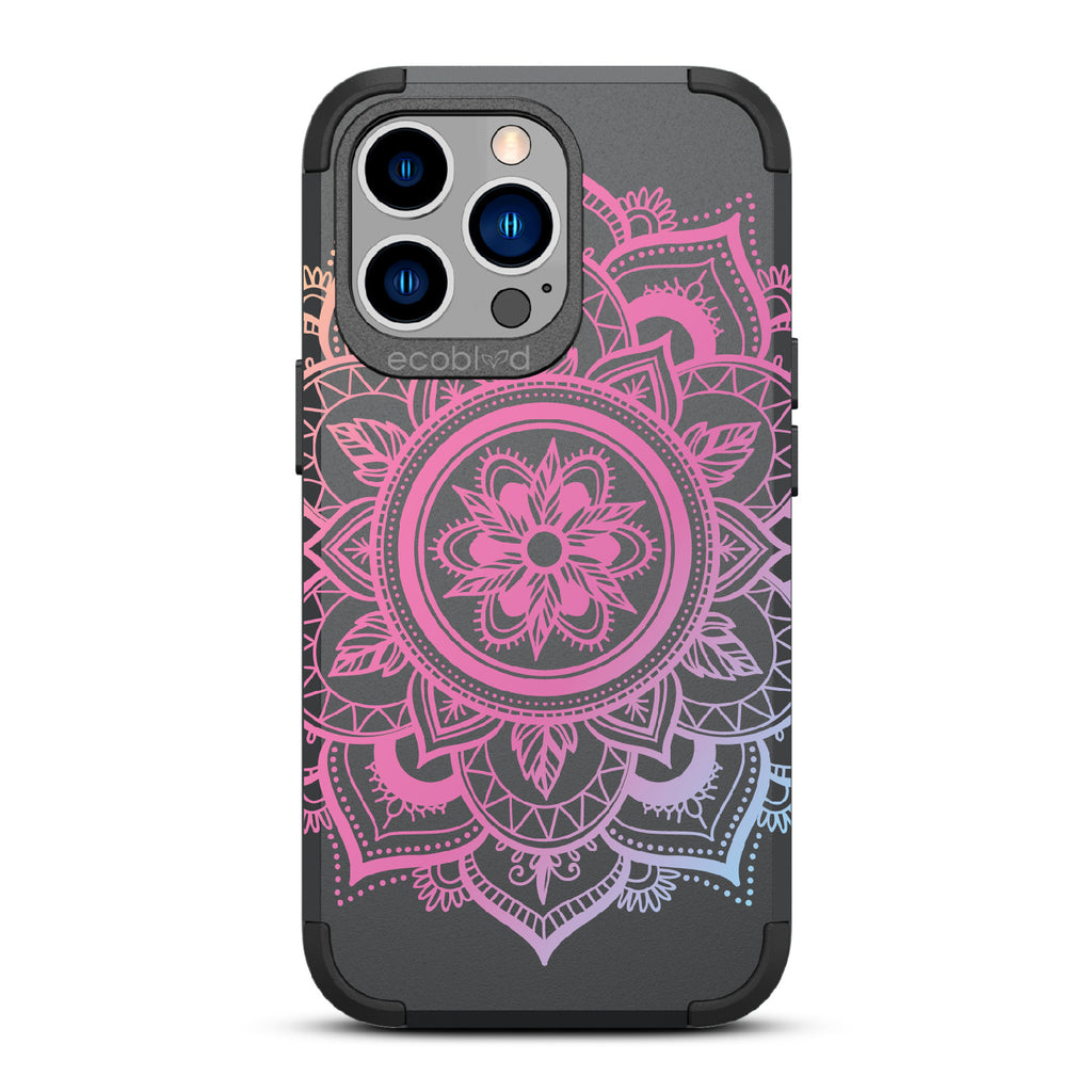  Mandala - Black Rugged Eco-Friendly iPhone 13 Pro Case With A Pink Lotus Flower Mandala On Back