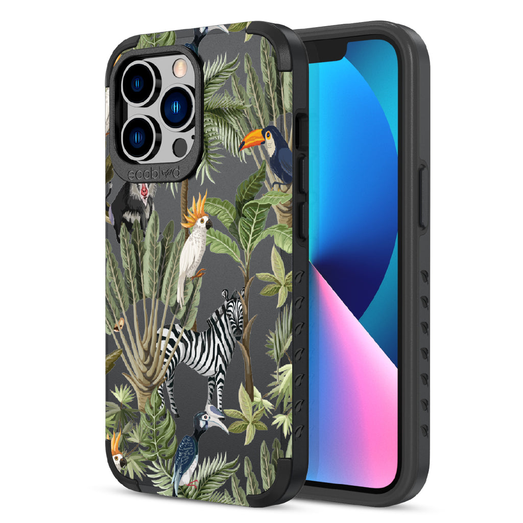 Toucan Play That Game - Back Of Black & Eco-Friendly Rugged iPhone 13 Pro Case & A Front View Of The Screen