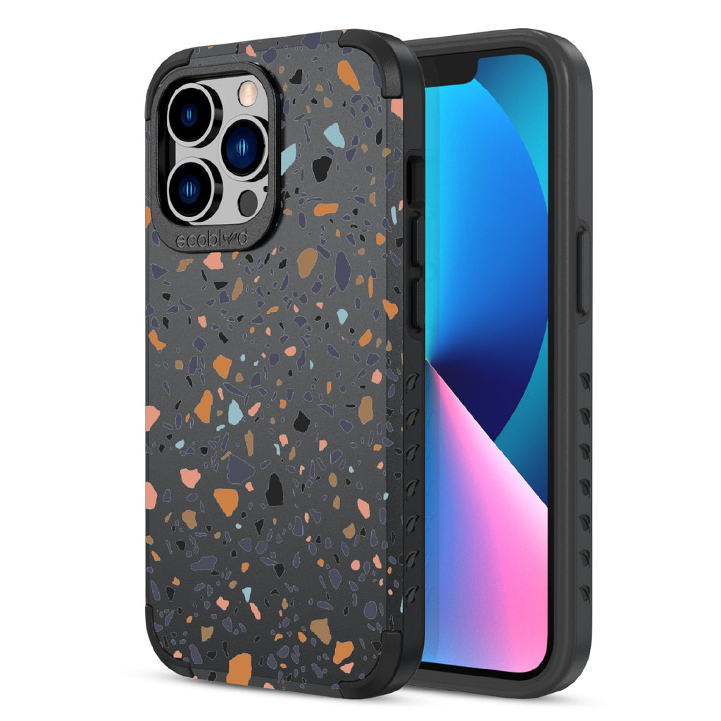 Terrazzo - Back Of Black & Eco-Friendly Rugged iPhone 13 Pro Case & A Front View Of The Screen
