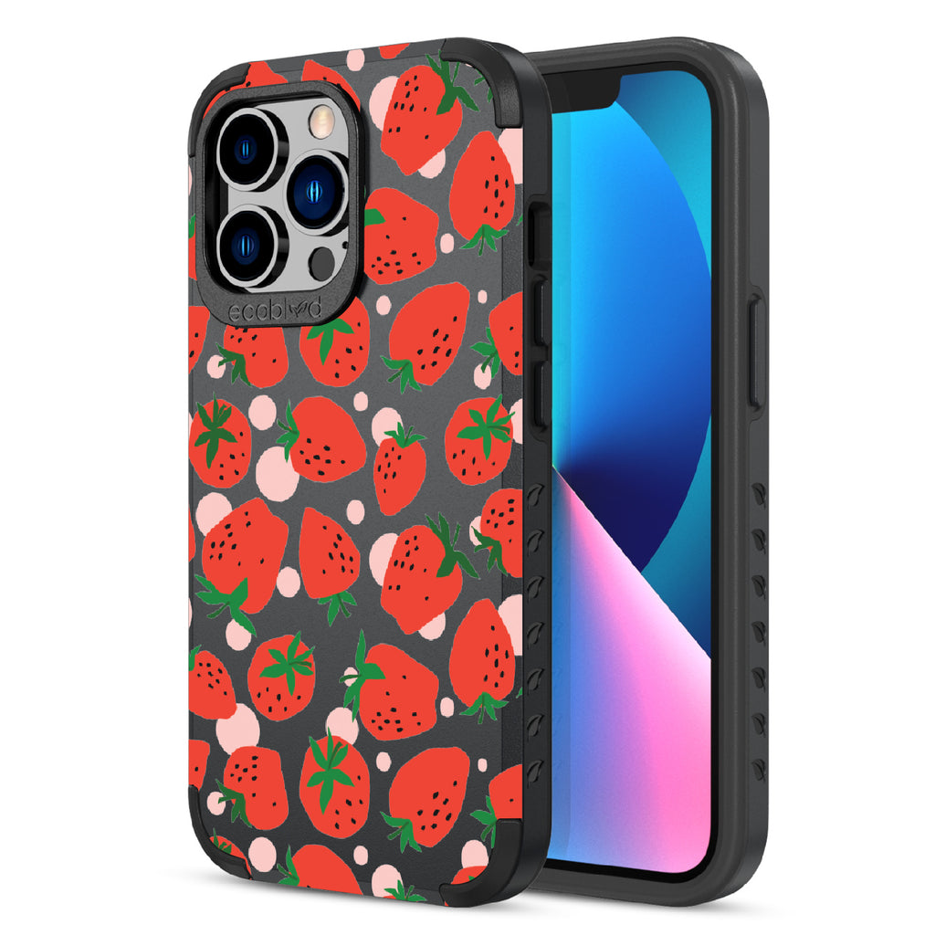 Strawberry Fields - Back View Of Black & Eco-Friendly Rugged iPhone 13 Pro Case & A Front View Of The Screen