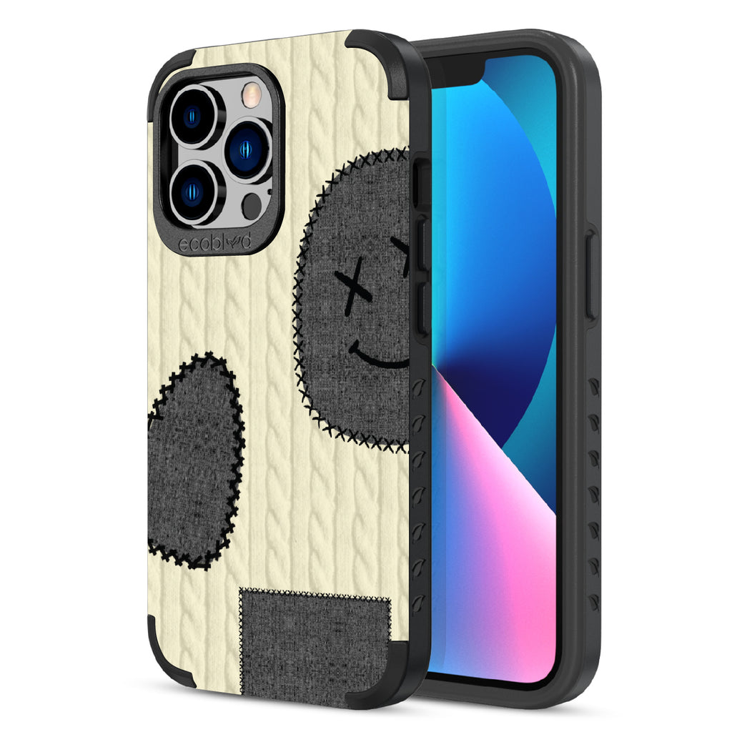 All Patched Up  - Back View Of Eco-Friendly Black iPhone 13 Pro Case & Front View Of Screen