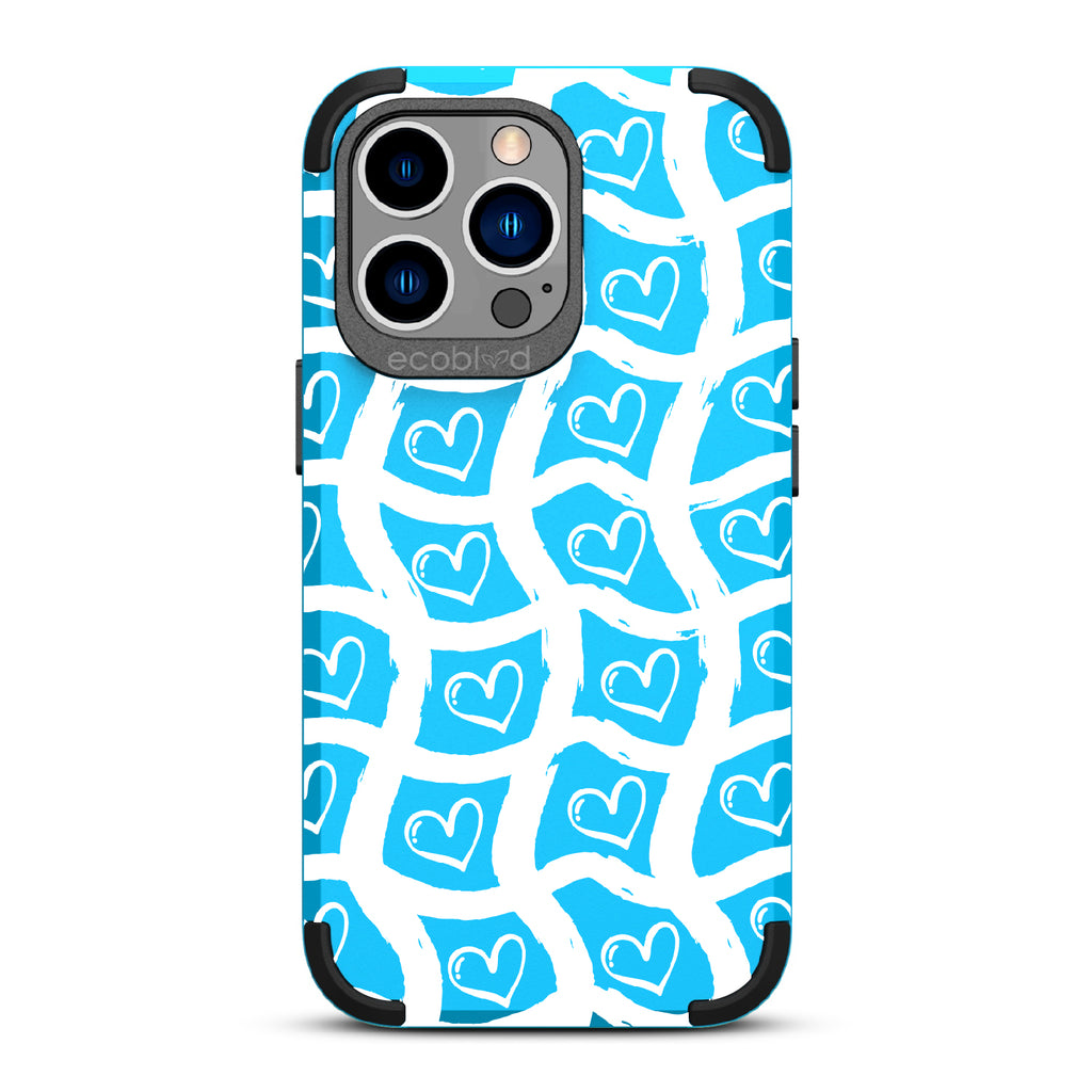 Waves Of Affection - Blue Rugged Eco-Friendly iPhone 13 Pro Case With Wavy Paint Stroke Checker Print With Hearts On Back