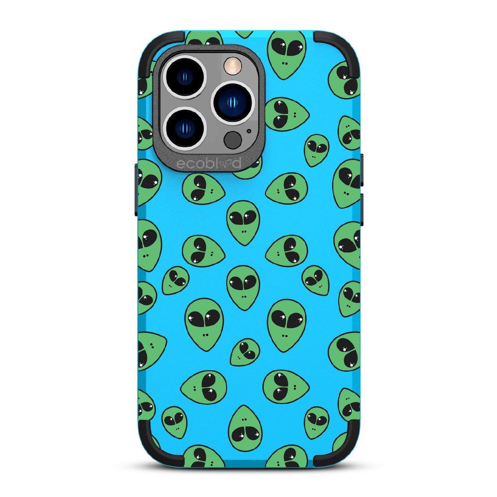 Aliens - Blue Rugged Eco-Friendly iPhone 12/13 Pro Max Case With Green Cartoon Alien Heads On Back
