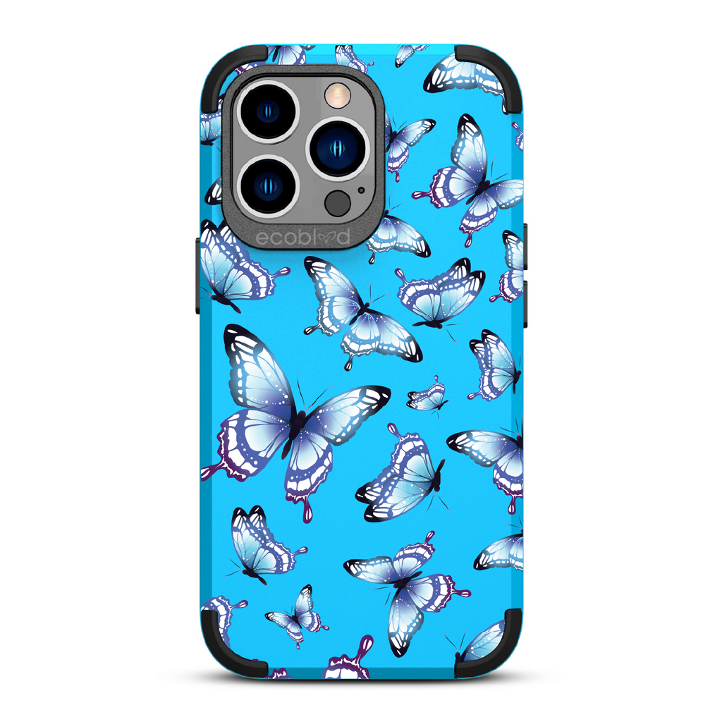 Social Butterfly - Blue Rugged Eco-Friendly iPhone 13 Pro Case With Colorful Butterflies On Back