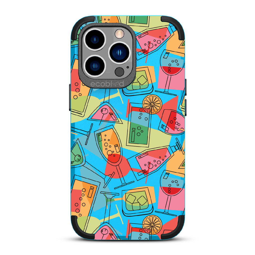  5 O'clock Somewhere - Blue Rugged Eco-Friendly iPhone 13 Pro Case With Cocktails, Martinis & Tropical Drinks On Back 