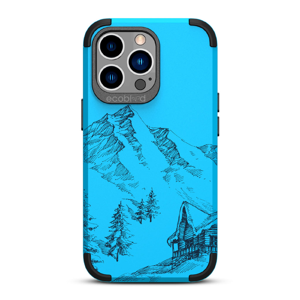 Cabin Retreat - Blue Rugged Eco-Friendly iPhone 13 Pro Case With Hand-Drawn Snowy Mountainside Wood Cabin