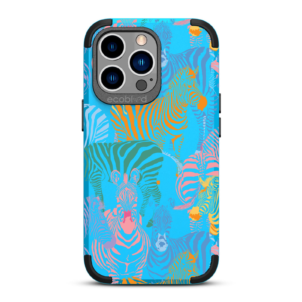 Colorful Herd - Blue Rugged Eco-Friendly iPhone 13 Pro Case With Zebras in Multiple Colors