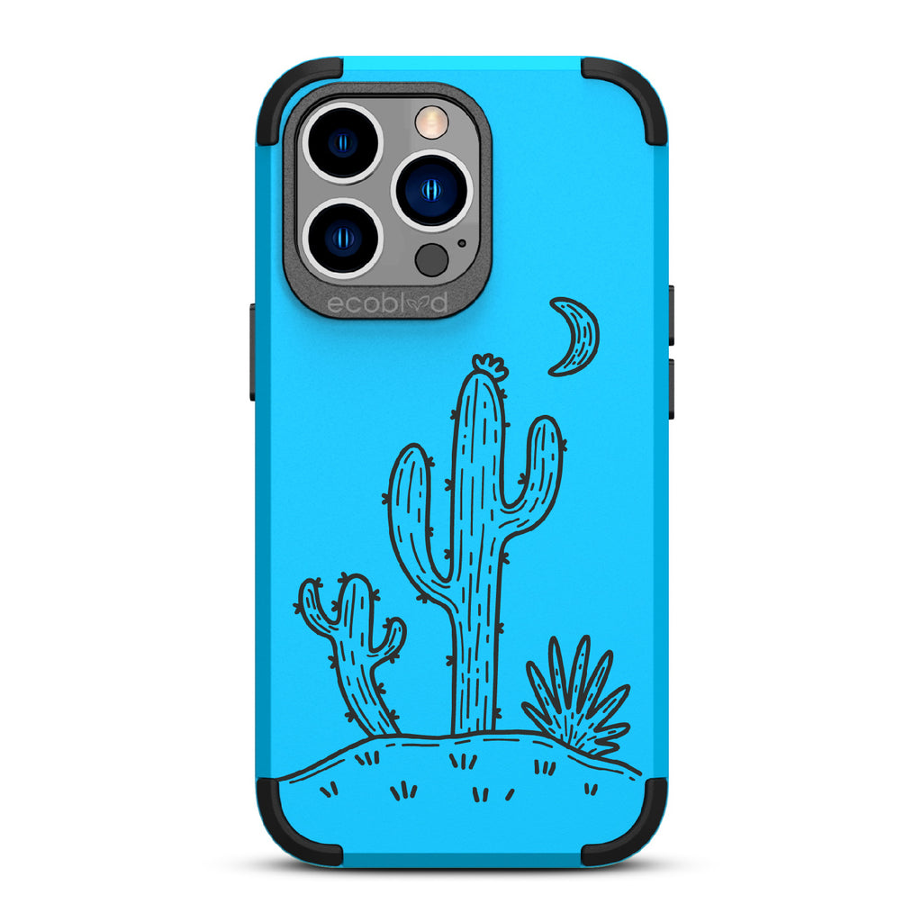 Sagebrush  - Blue Rugged Eco-Friendly iPhone 13 Pro Case With Cartoon Cacti Under A Crescent Moon On Back