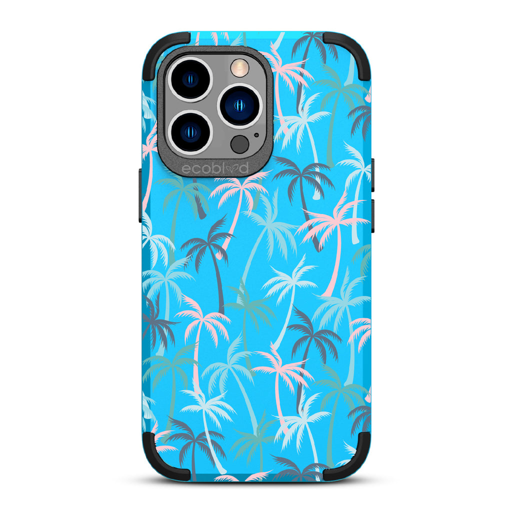 Cruel Summer - Blue Rugged Eco-Friendly iPhone 13 Pro Case With Hotline Miami Colored Tropical Palm Trees On Back 