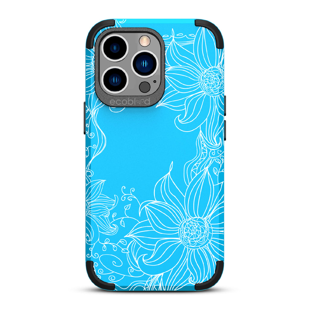 Flower Stencil - Blue Rugged Eco-Friendly iPhone 13 Pro Case With A Sunflower Stencil Line Art Design  On Back