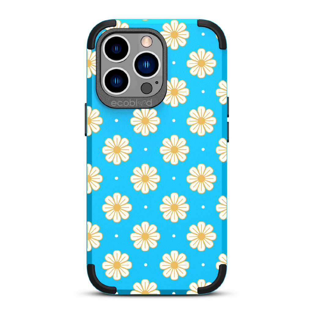 Daisy - Blue Rugged Eco-Friendly iPhone 12/13 Pro Max Case With A White Floral Pattern Of Daisies & Dots On Back