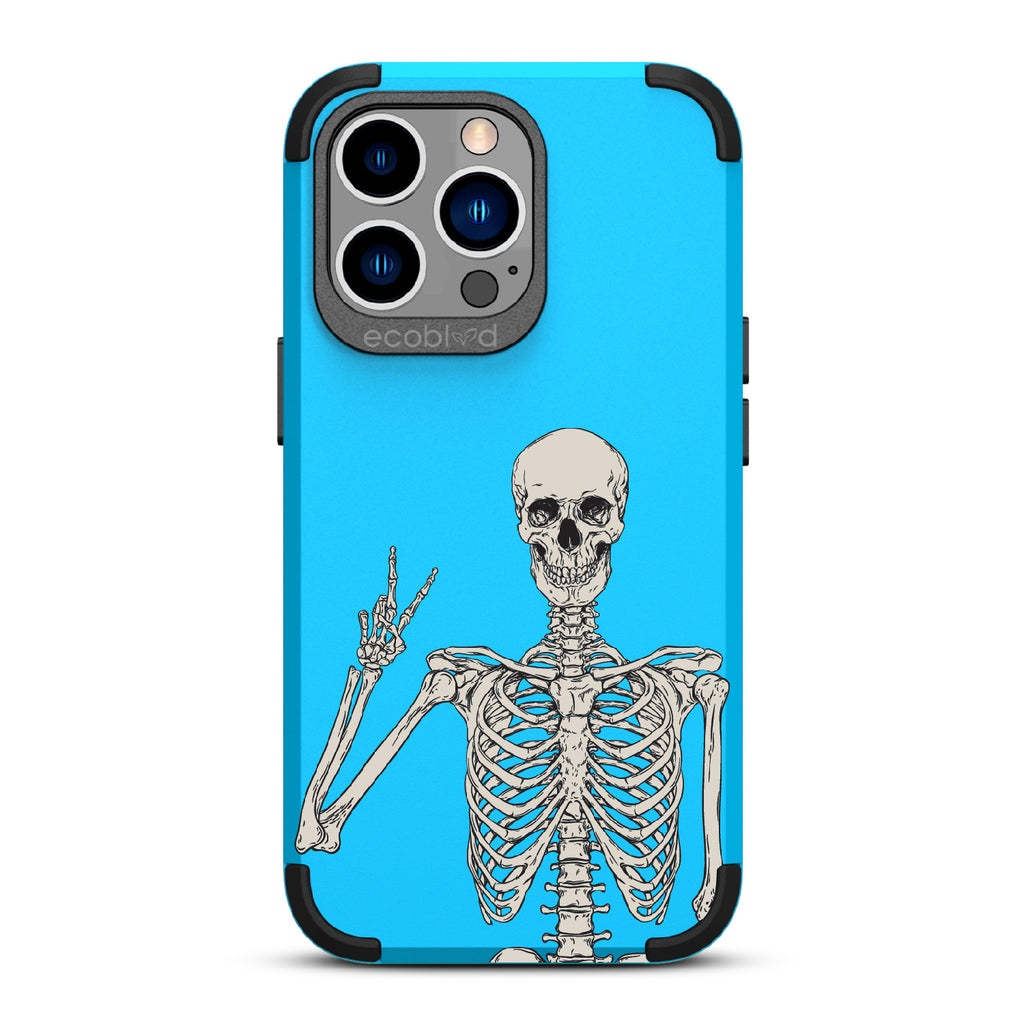 Creeping It Real - Blue Rugged Eco-Friendly iPhone 12/13 Pro Max Case With Skeleton Giving A Peace Sign On Back
