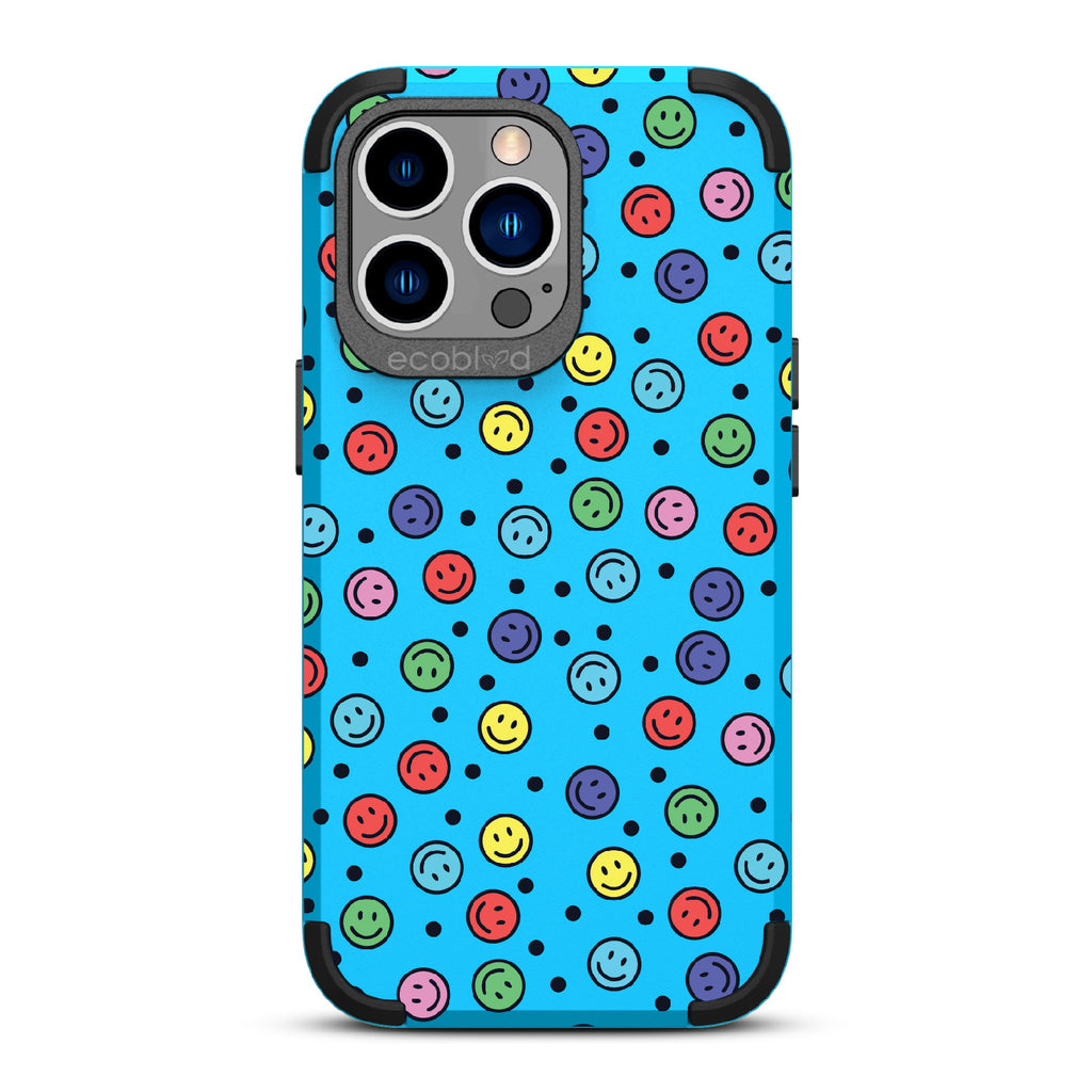 All Smiles - Blue Rugged Eco-Friendly iPhone 13 Pro Case With Multicolored Smiley Faces & Black Dots On Back