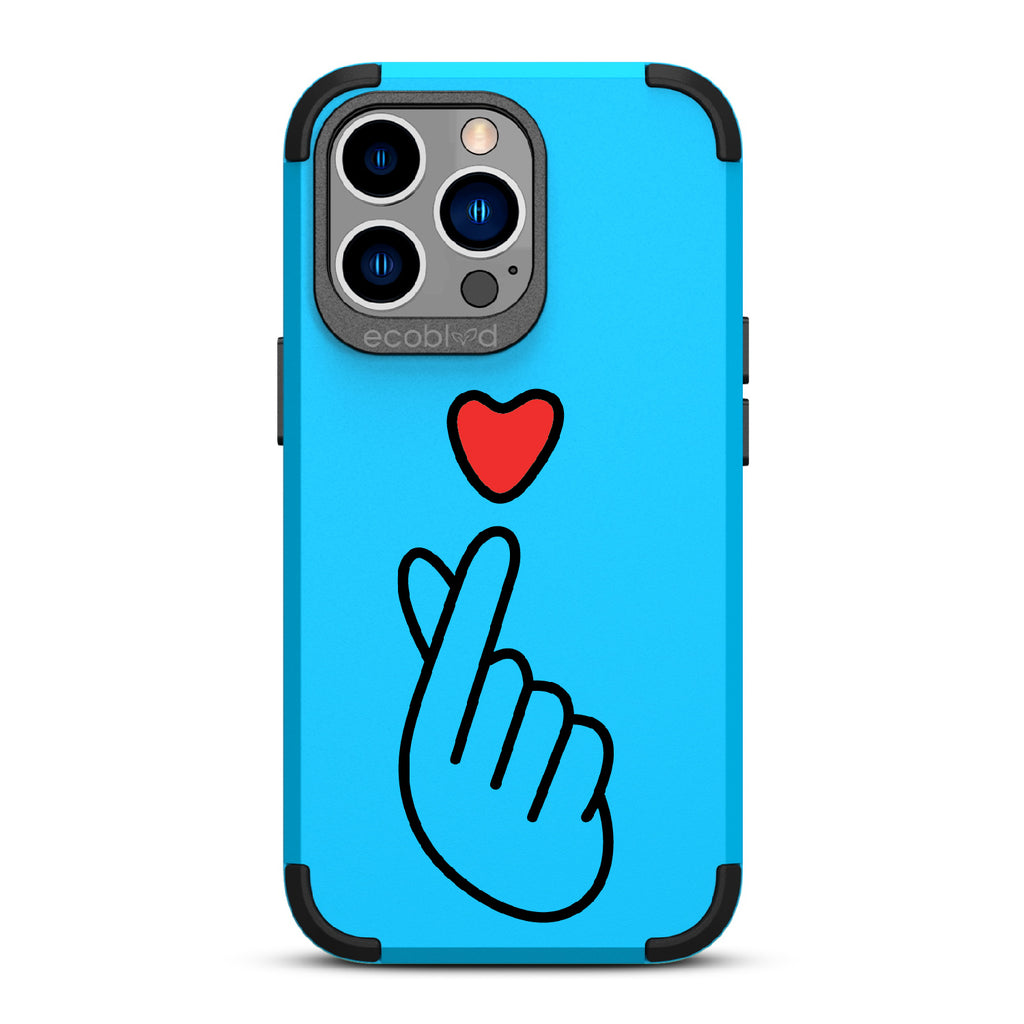 Finger Heart - Blue Rugged Eco-Friendly iPhone 13 Pro Case With Red Heart Above Hand With Index Finger & Thumb Crossed On Back
