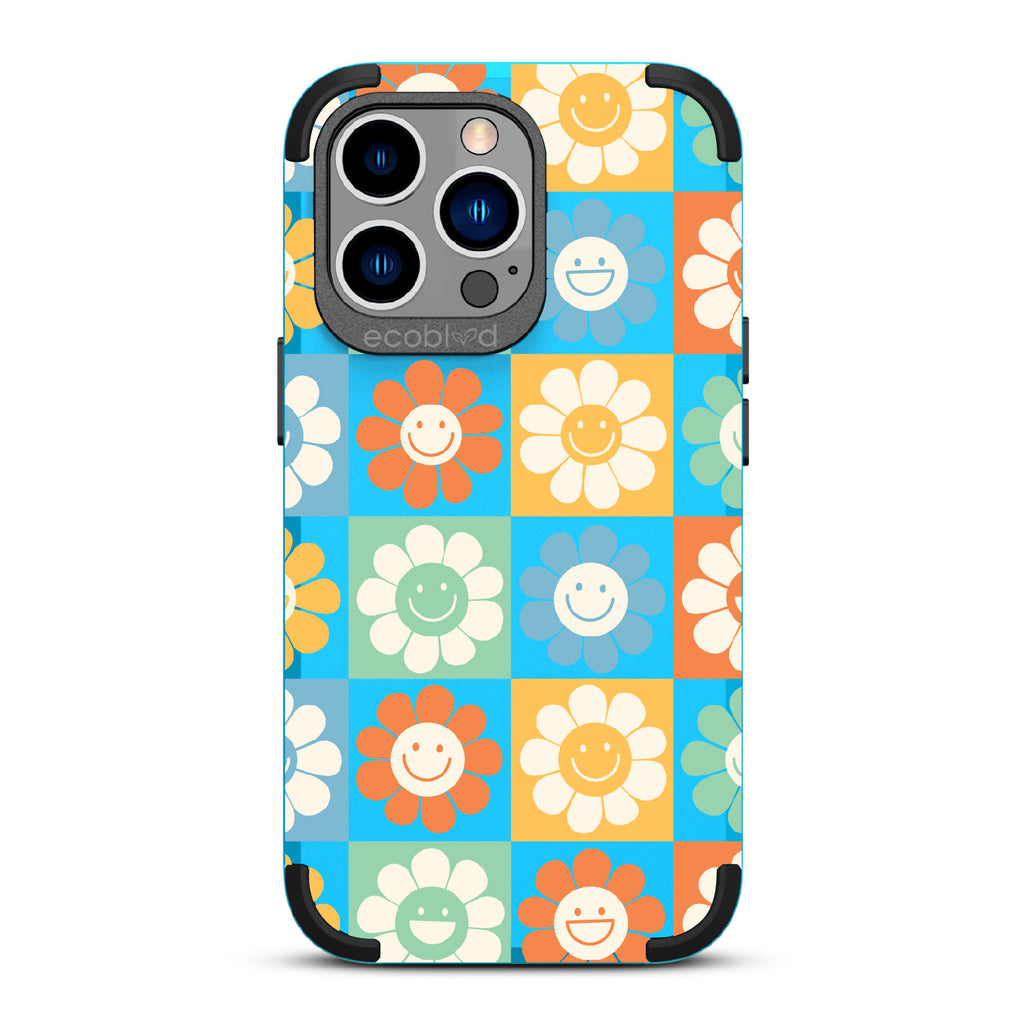 Flower Power - Blue Rugged Eco-Friendly iPhone 12/13 Pro Max Case With70's Gingham Cartoon Flowers W/ Smiley Faces On Back