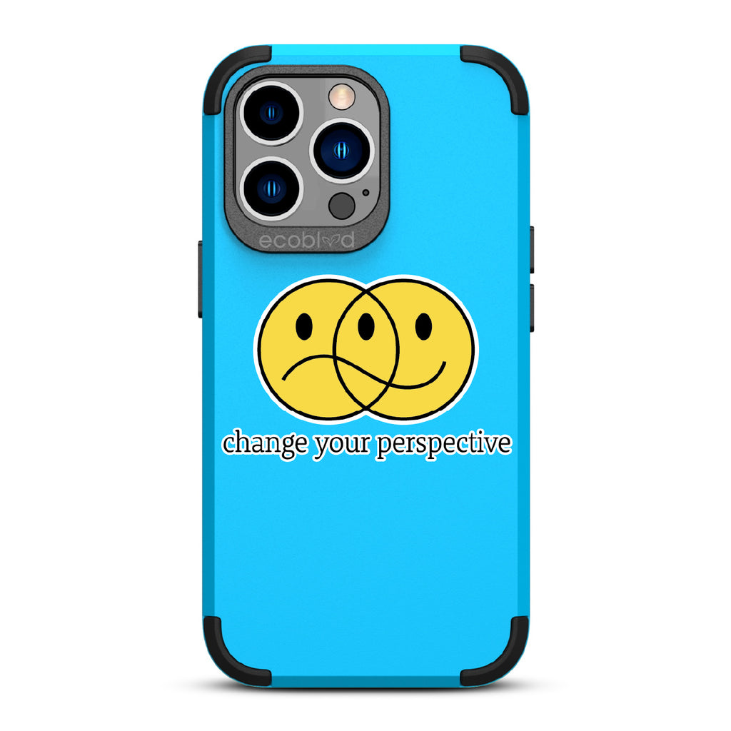 Perspective - Blue Rugged Eco-Friendly iPhone 13 Pro  Case With A Happy/Sad Face & Change Your Perspective On Back