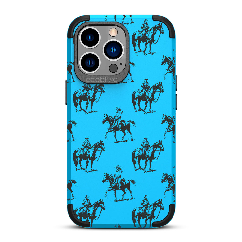 Horsin' Around  - Blue Rugged Eco-Friendly iPhone 13 Pro Case With Cowboys On Horseback On Back