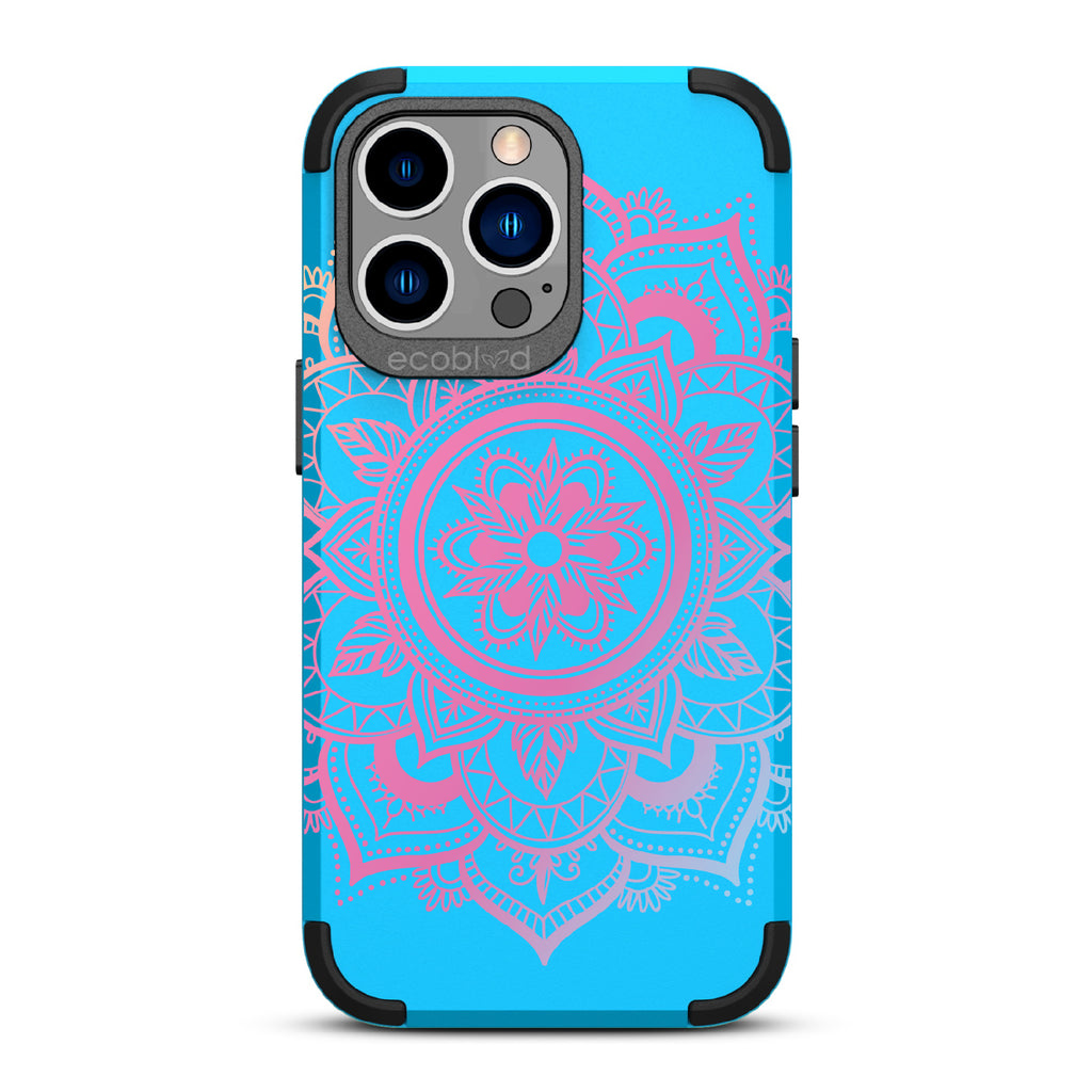 Mandala - Blue Rugged Eco-Friendly iPhone 13 Pro Case With A Pink Lotus Flower Mandala On Back