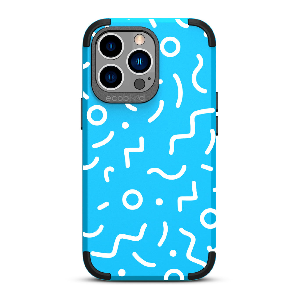 90's Kids  - Blue Rugged Eco-Friendly iPhone 12/13 Pro Max Case With Retro 90's Lines & Squiggles On Back