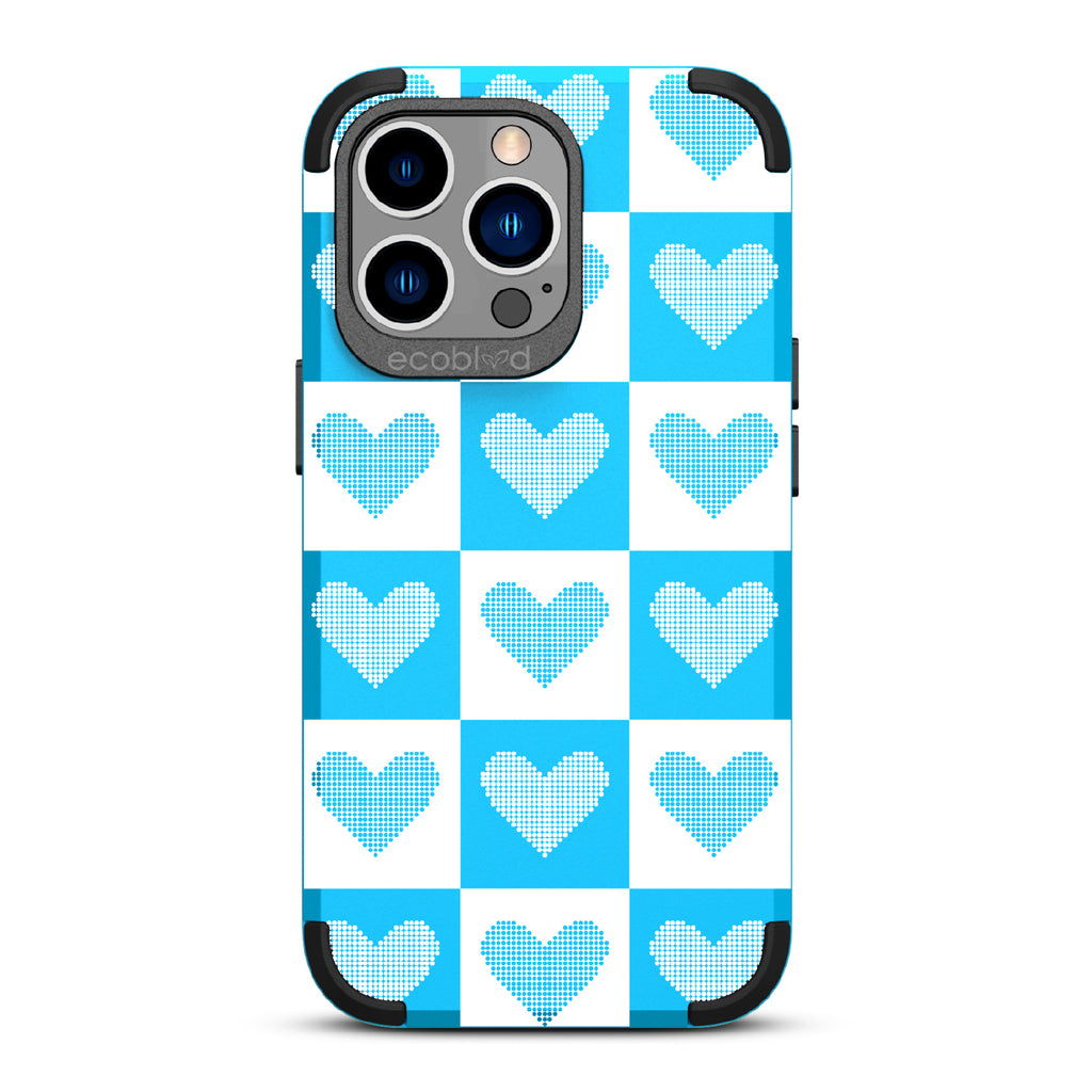 Quilty Pleasures - Blue Rugged Eco-Friendly iPhone 13 Pro Case With White Checkered Print With Knitted Hearts On Back