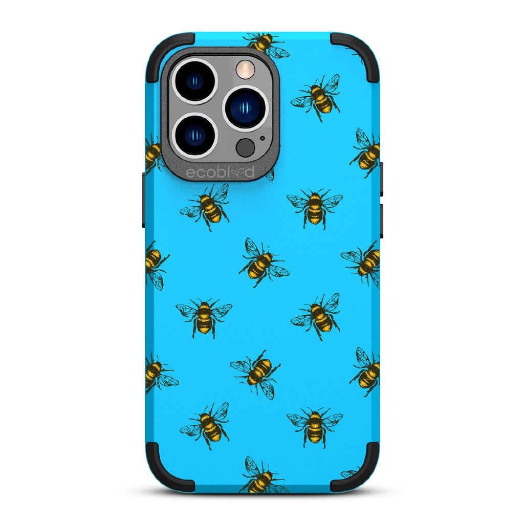 Bees - Blue Rugged Eco-Friendly iPhone 13 Pro Case With A Honey Bees On Back