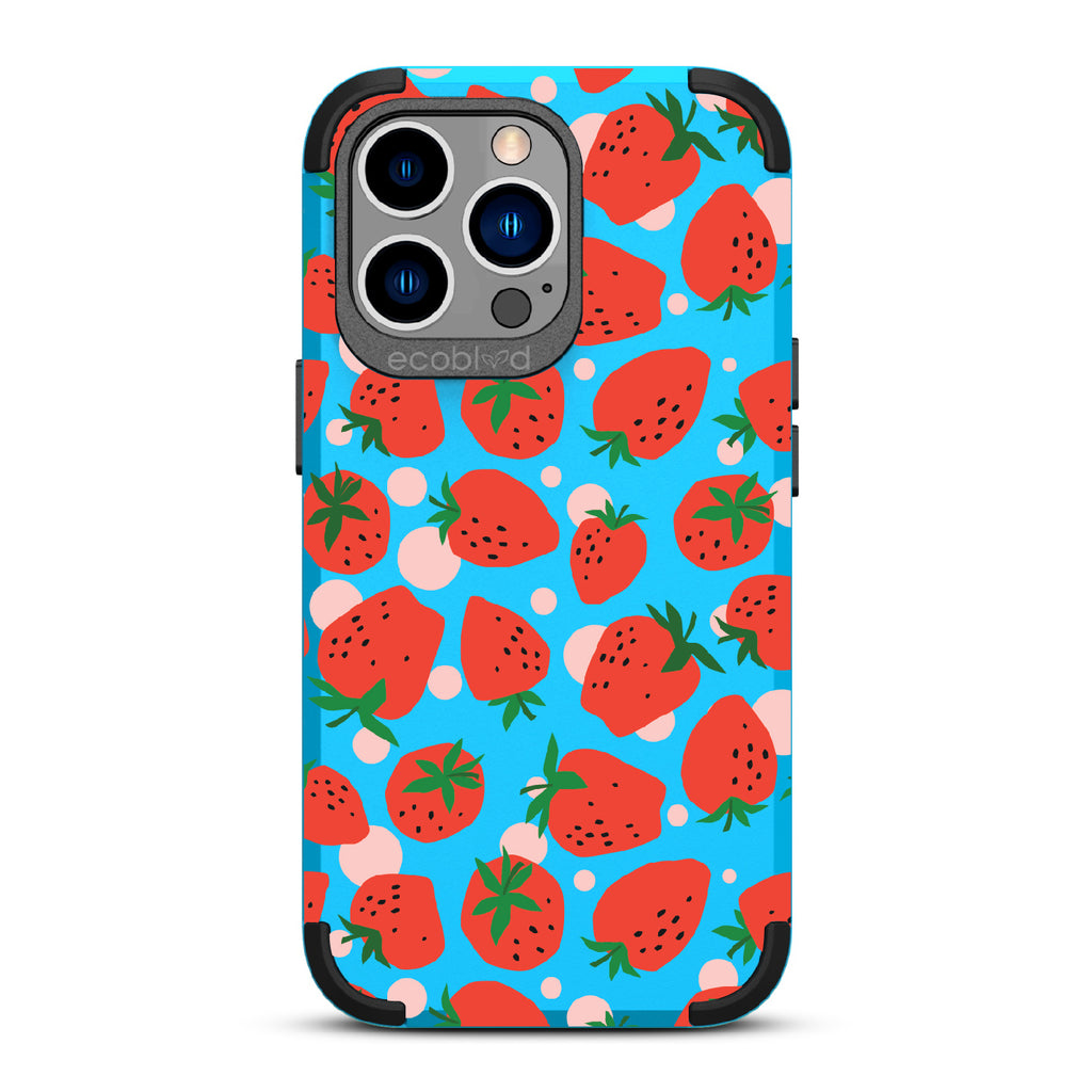 Strawberry Fields - Blue Rugged Eco-Friendly iPhone 13 Pro Case With Strawberries On Back