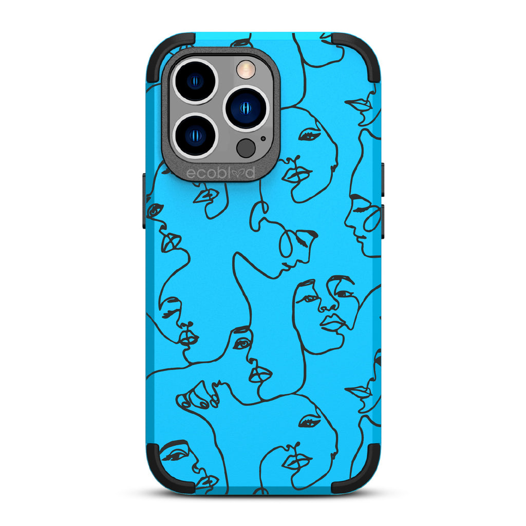 Delicate Touch - Blue Rugged Eco-Friendly iPhone 12/13 Pro Max Case With Line Art Of A Woman???? Face On Back