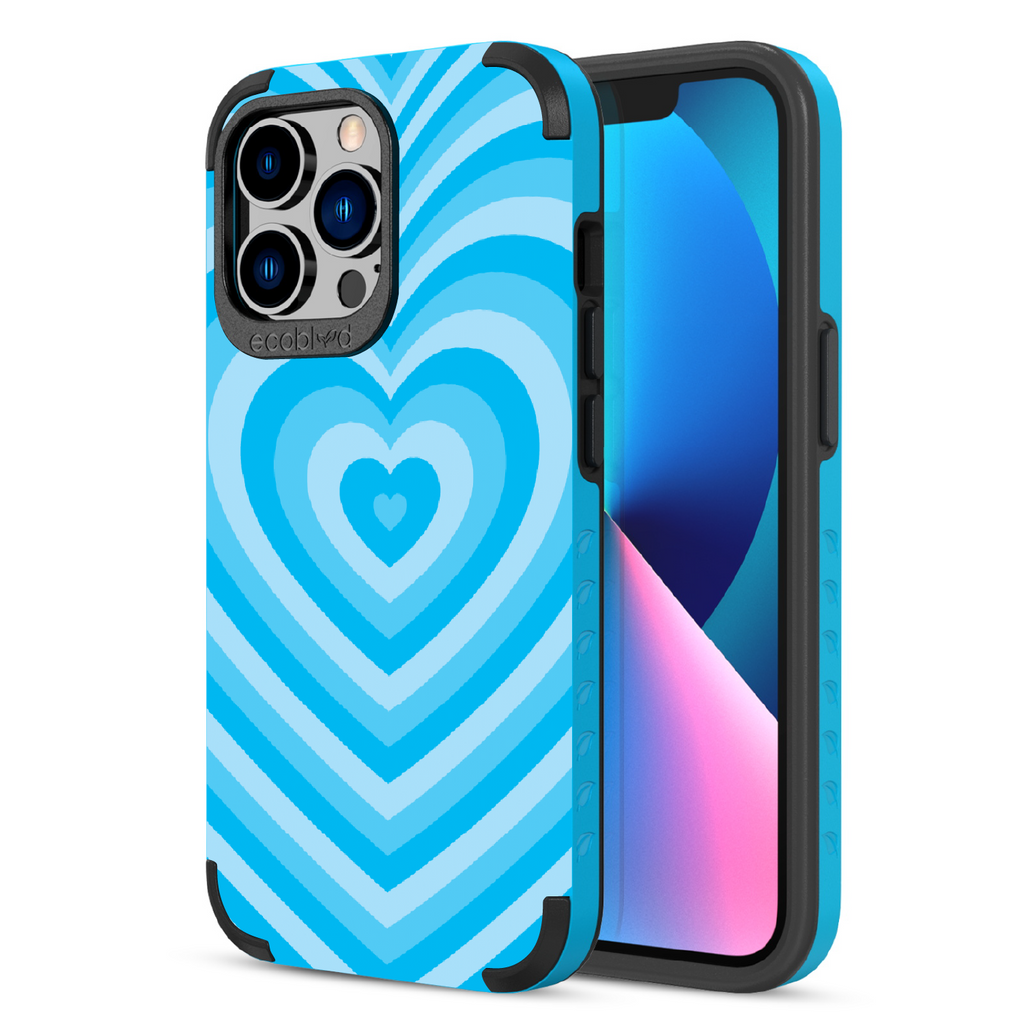 Tunnel Of Love  - Back View Of Blue & Eco-Friendly Rugged iPhone 13 Pro Case & A Front View Of The Screen
