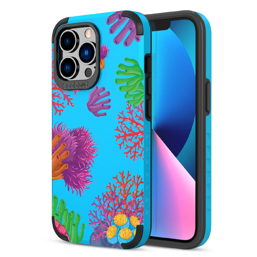 Coral Reef - Back View Of Blue & Eco-Friendly Rugged iPhone 13 Pro Case & A Front View Of The Screen