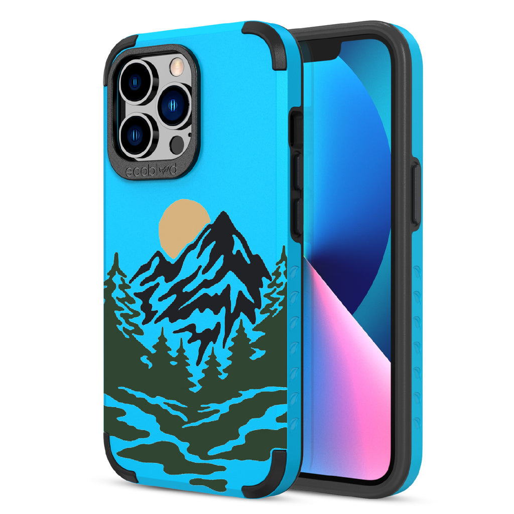 Mountains - Back View Of Blue & Eco-Friendly Rugged iPhone 13 Pro Case & A Front View Of The Screen