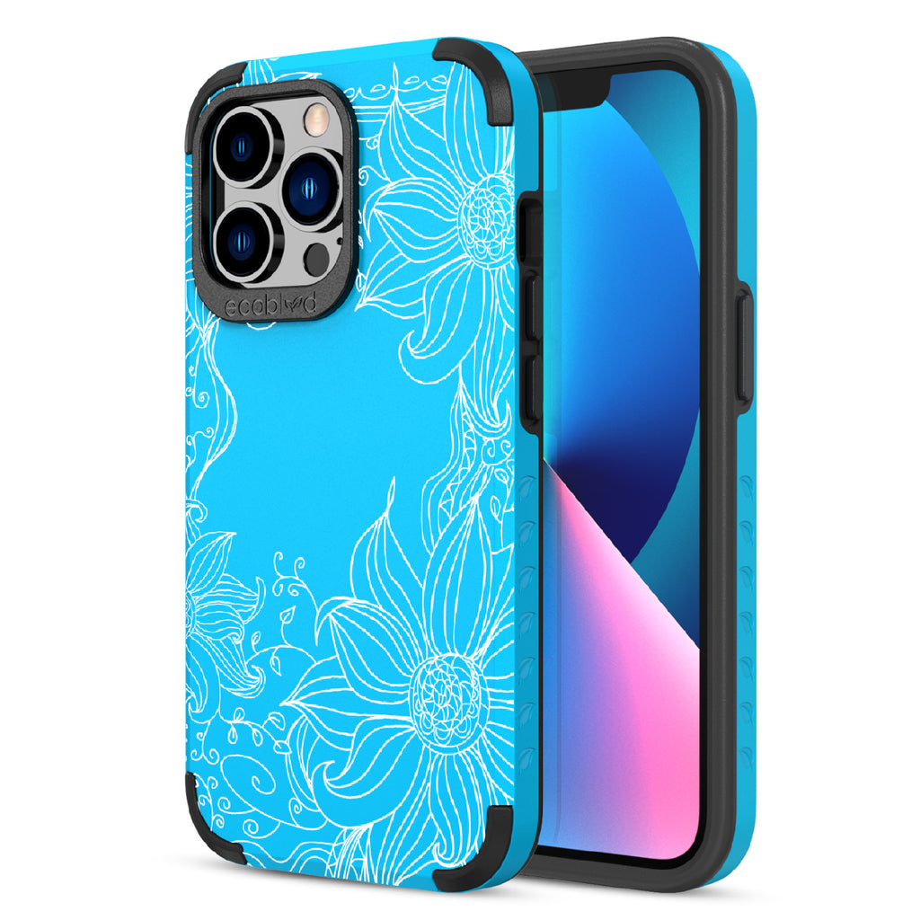 Flower Stencil - Back View Of Blue & Eco-Friendly Rugged iPhone 13 Pro Case & A Front View Of The Screen