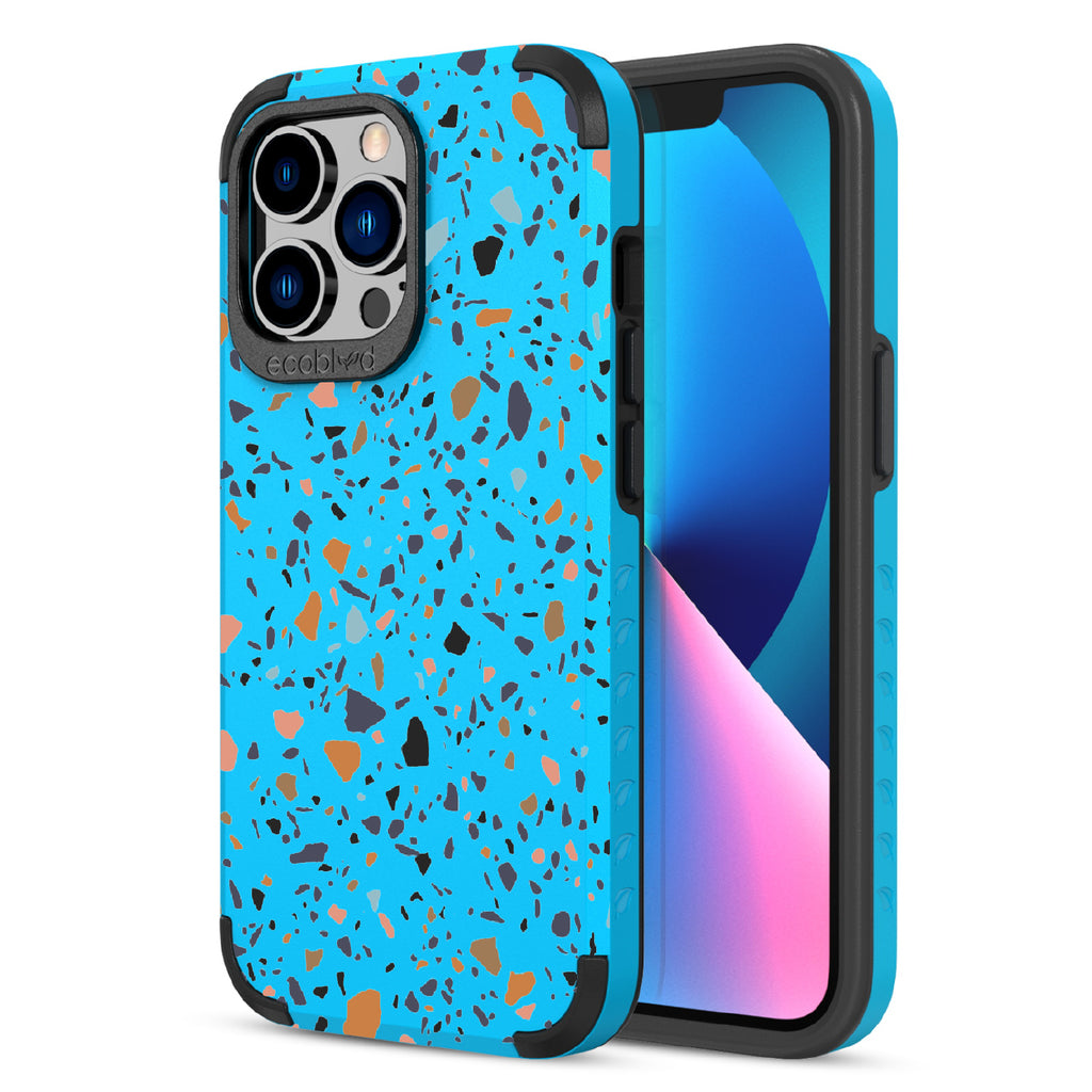 Terrazzo - Back Of Blue & Eco-Friendly Rugged iPhone 13 Pro Case & A Front View Of The Screen