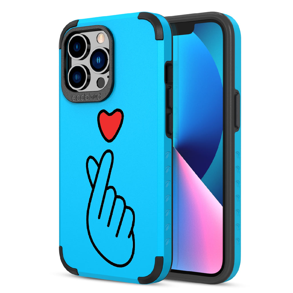 Finger Heart - Back View Of Blue & Eco-Friendly Rugged iPhone 13 Pro Case & A Front View Of The Screen