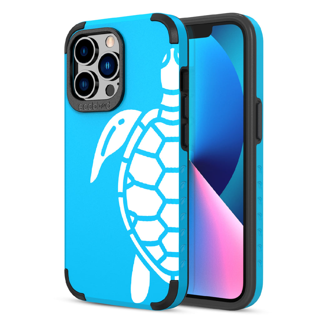 Sea Turtle - Back View Of Blue & Eco-Friendly Rugged iPhone 13 Pro Case & A Front View Of The Screen