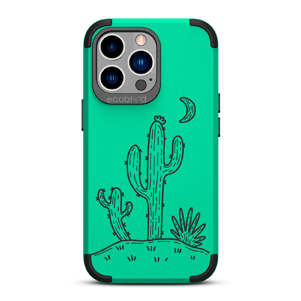 Sagebrush  - Green Rugged Eco-Friendly iPhone 13 Pro Case With Cartoon Cacti Under A Crescent Moon On Back