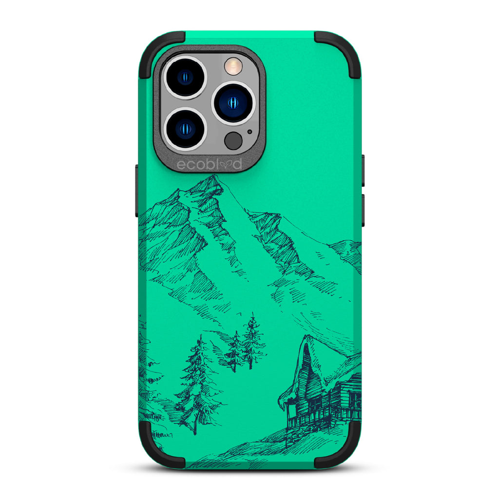 Cabin Retreat - Green Rugged Eco-Friendly iPhone 13 Pro Case With Hand-Drawn Snowy Mountainside Wood Cabin