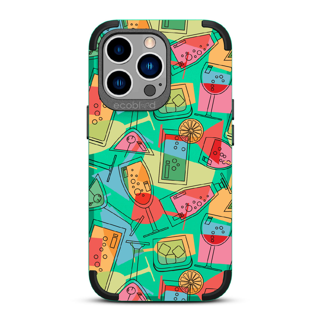 5 O'clock Somewhere - Green Rugged Eco-Friendly iPhone 13 Pro Case With Cocktails, Martinis & Tropical Drinks On Back 