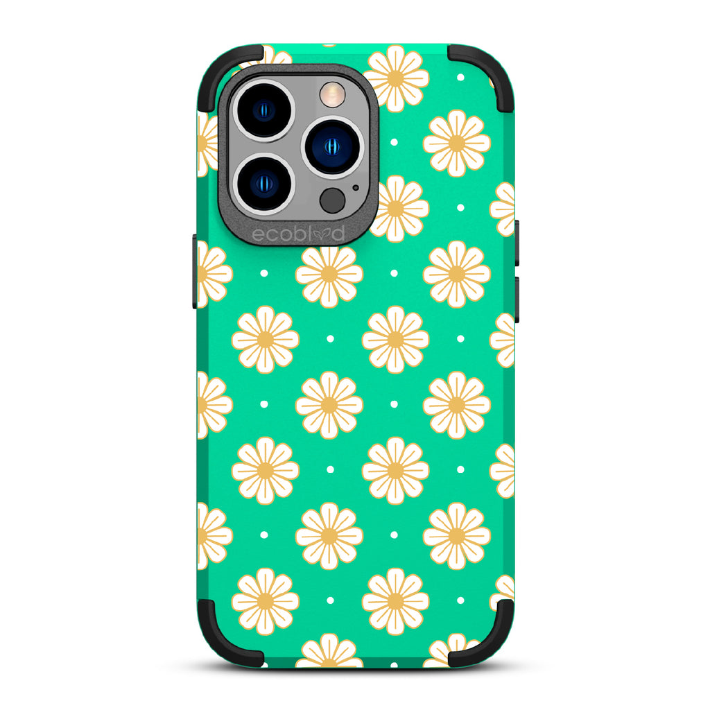 Daisy - Green Rugged Eco-Friendly iPhone 13 Pro Case With A White Floral Pattern Of Daisies & Dots On Back
