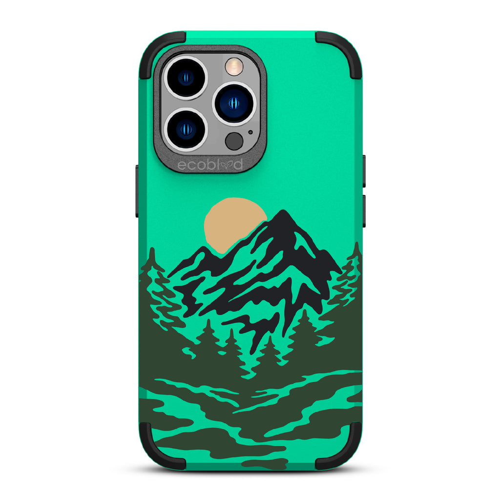 Mountains - Green Rugged Eco-Friendly iPhone 12/13 Pro Max Case With A Minimalist Moonlit Mountain Landscape On Back