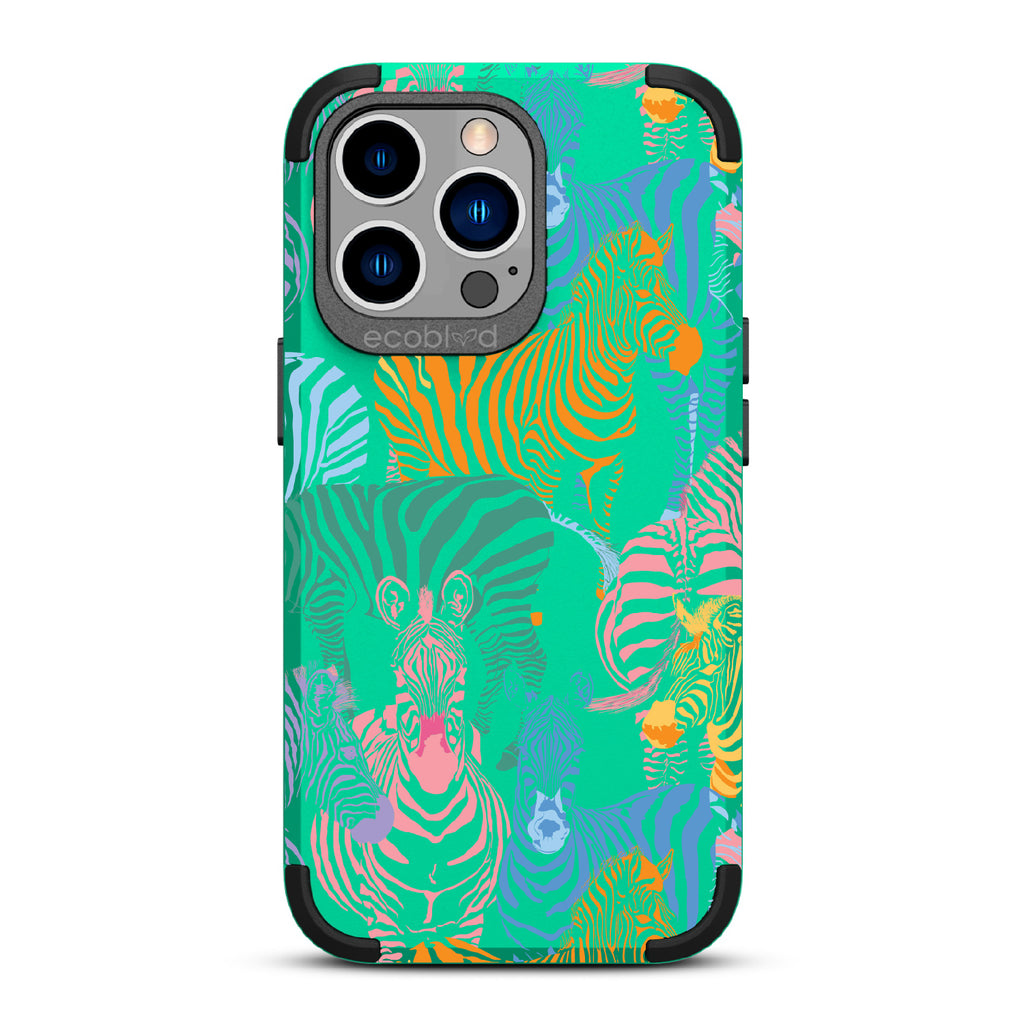 Colorful Herd - Green Rugged Eco-Friendly iPhone 13 Pro Case With Zebras in Multiple Colors